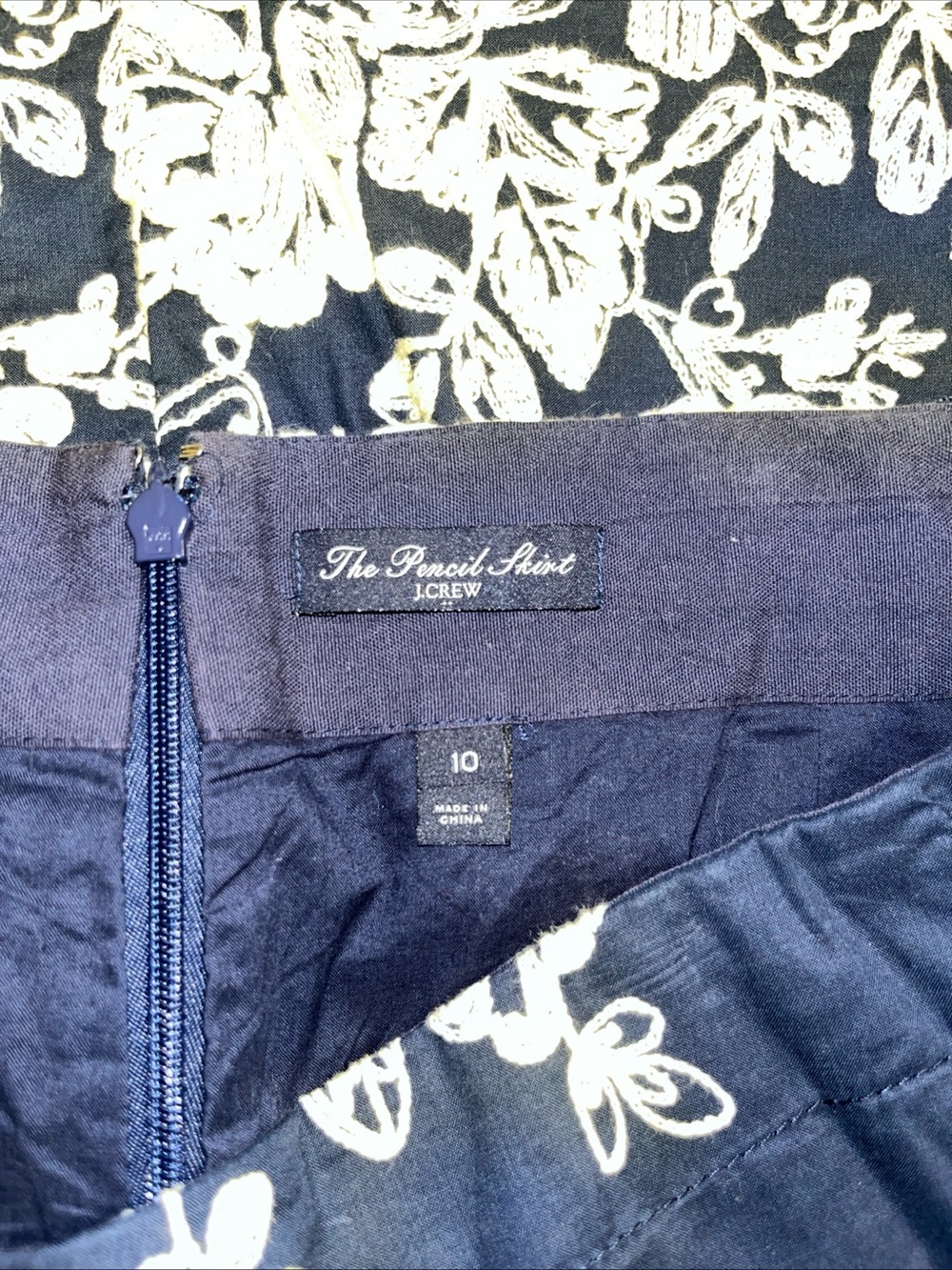 J. Crew Navy Blue Pencil Skirt with ivory Floral Embroidery - Picture 6 of 7